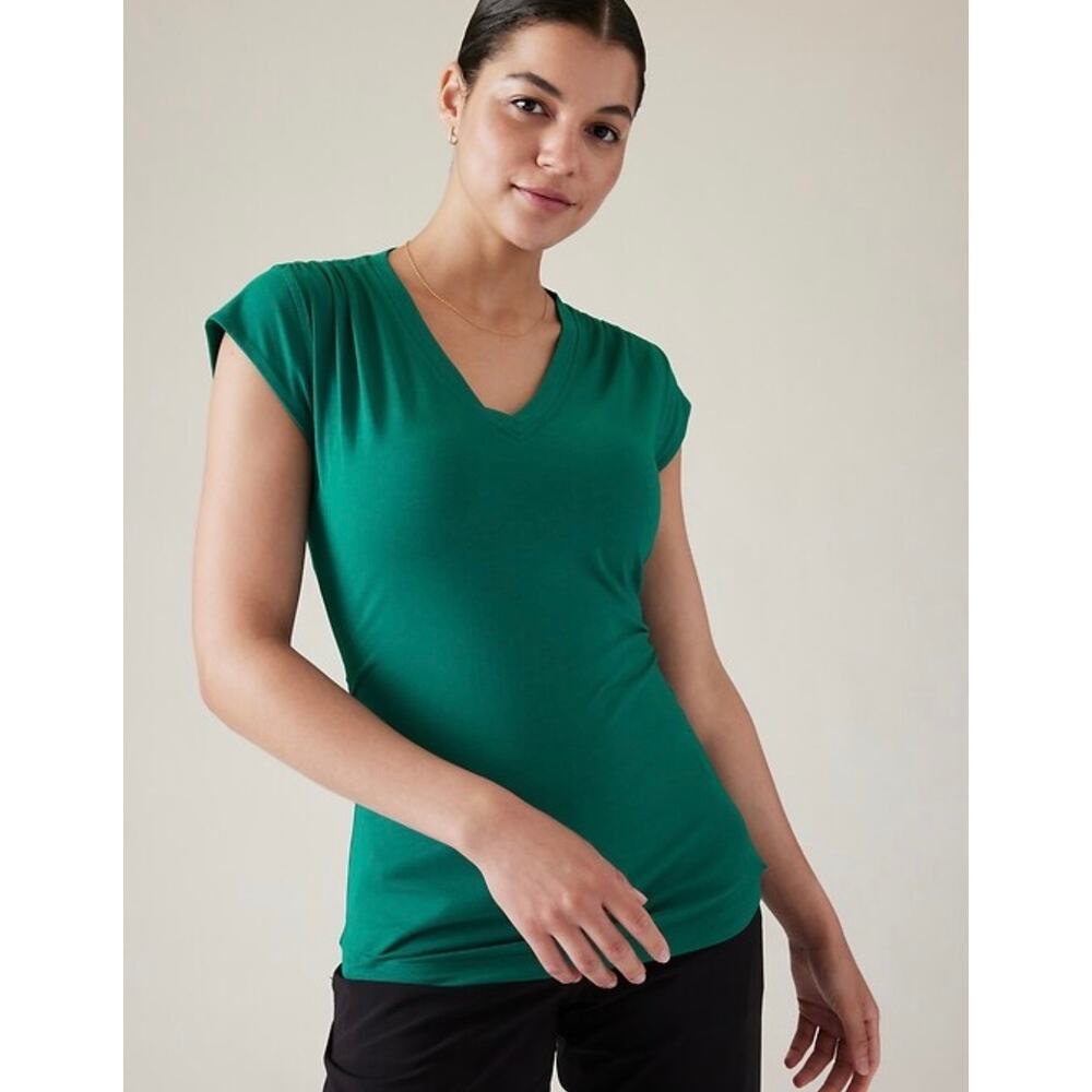 Athleta Outbound Emerald Green Cap Sleeve V-Neck T-Shirt Tee Top Sz Small Teal